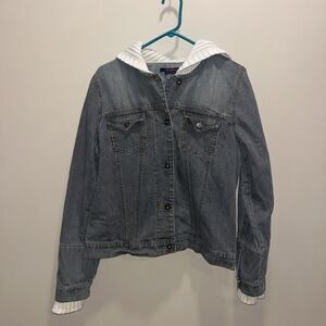 VTG 90s Women's Jean Jacket Hood Gray M Layered Look Grunge Y2K Indie Urban